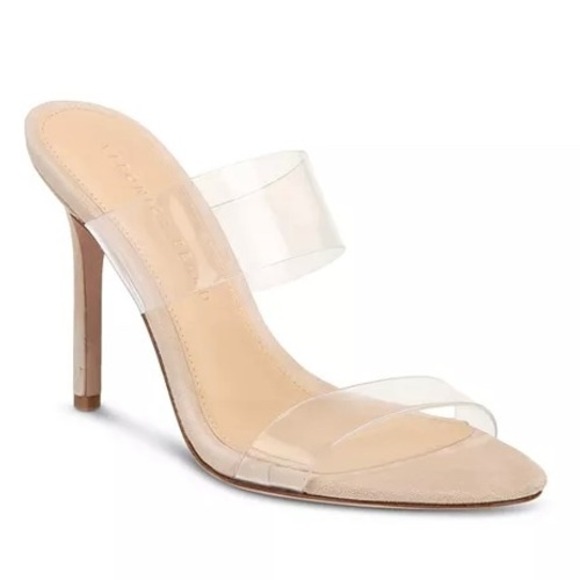 VERONICA BEARD Asha Slip On High Heel Sandals Size 8 Ecru Clear Strap Stiletto - Picture 1 of 11